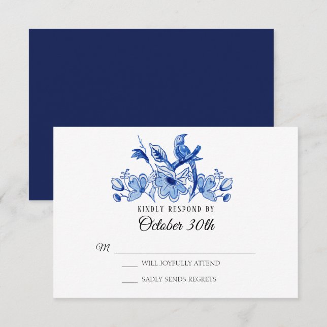Convites RSVP Casamento Chinoiserie Floral Aquarela Azul Ma (Frente/Verso)