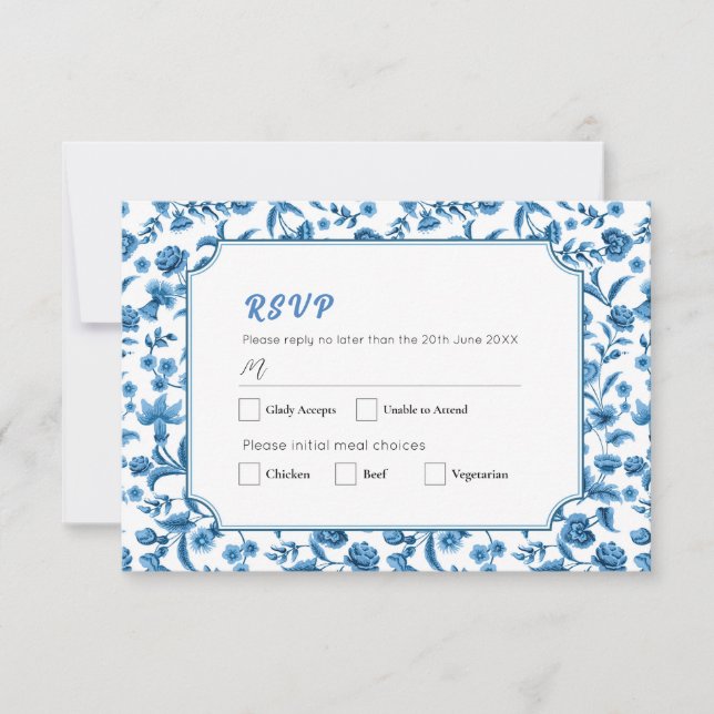 Convites RSVP Casamento Chintz Azul e Branco Ditsy Floral (Frente)