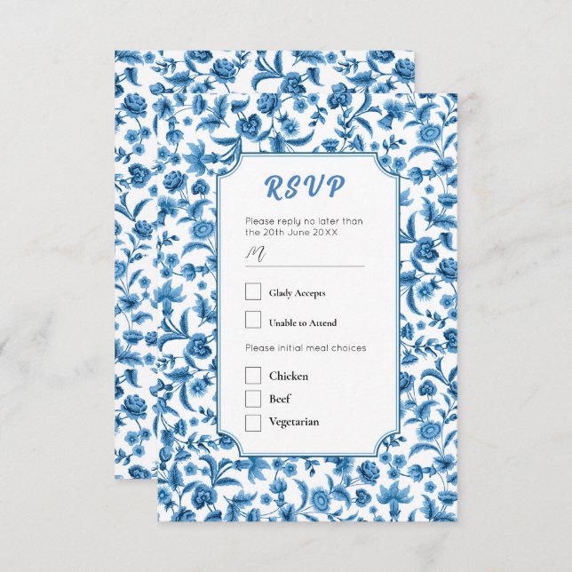 Convites RSVP Casamento Chintz Azul e Branco Ditsy Floral (Frente/Verso)