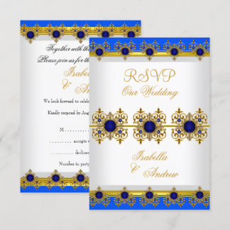 Convites RSVP Casamento Dourado Joia Azul Real Branco
