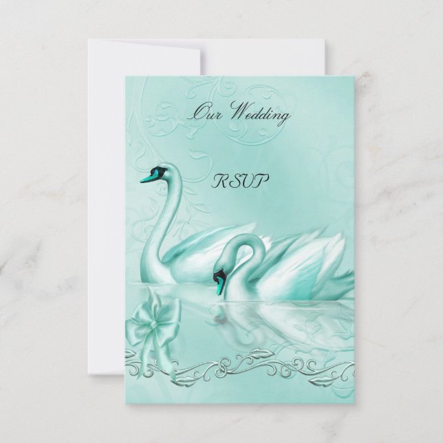 Convites RSVP Casamento Elegante Cisnes Azul Água Coração (Frente)