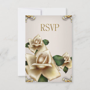 Convites RSVP Casamento Elegante Dourado Creme Rosas Bege
