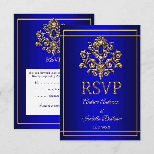 Convites RSVP Casamento Elegante Jóia Azul Real Dourado 2 (Frente/Verso)