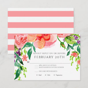 Convites RSVP Casamento Floral Listrado com Rosa em Aquarel