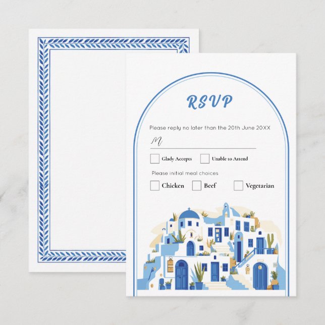 Convites RSVP Casamento Grego de Santorini Grécia Azul (Frente/Verso)