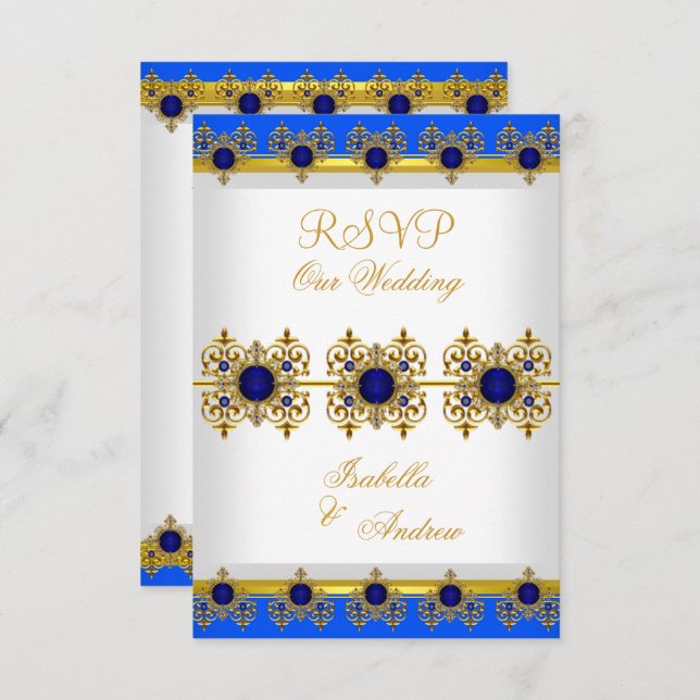 Convites RSVP Casamento Ouro Azul Real Gema Branco (Frente/Verso)