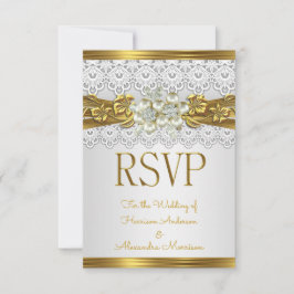 Convites RSVP Casamento Pérola Branca Renda Floral Dourada