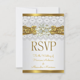 Convites RSVP Casamento Pérola Branca Renda Floral Dourada