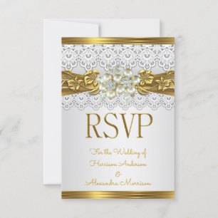 Convites RSVP Casamento Pérola Branca Renda Floral Dourada
