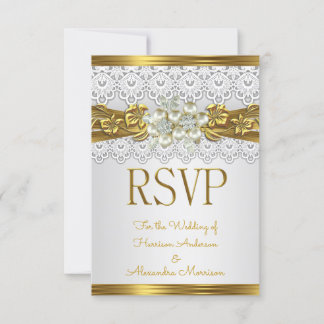 Convites RSVP Casamento Pérola Branca Renda Floral Dourada