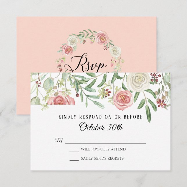 Convites RSVP Casamento Rosa Bege Folhagem Folhas (Frente/Verso)