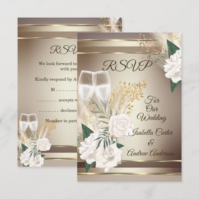 Convites RSVP Casamento Rosa Branca Champanhe Dourado Bronz (Frente/Verso)
