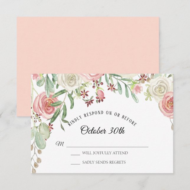 Convites RSVP Casamento Rosas Florais Bege Rosa Pálido (Frente/Verso)