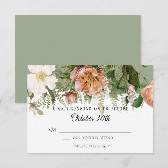 Convites RSVP Casamento Sage Rosa Bege Peônia Samambaias (Frente/Verso)