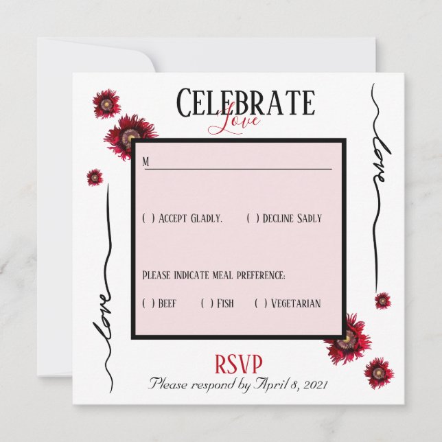 Convites RSVP celebra o amor e as flores vermelhas (Frente)