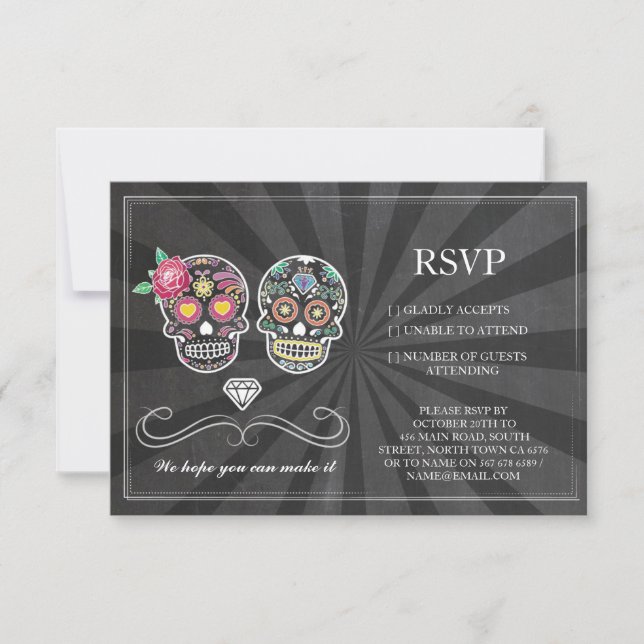 Convites RSVP Chalk Casamento Rustic Sugar Skull Cards (Frente)
