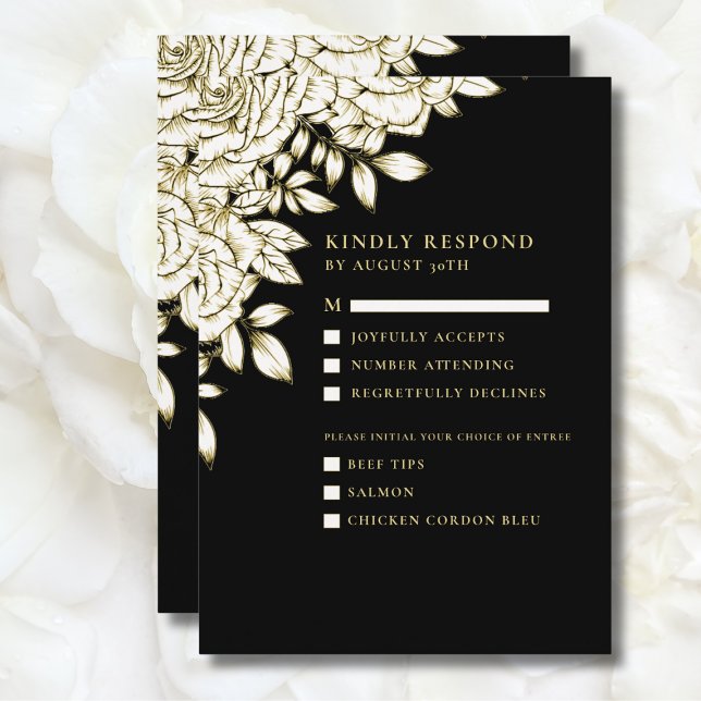 Convites RSVP Chic Floral Mínimo Dourado Branco Preto (Criador carregado)
