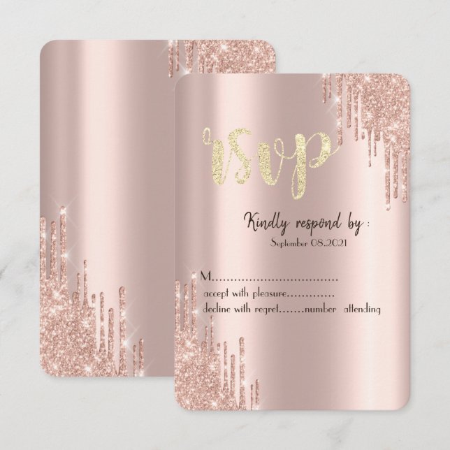 Convites RSVP com Brilho Rosa Dourado Chic Gotejante (Frente/Verso)
