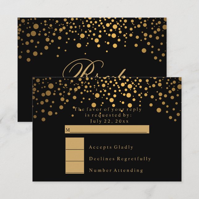Convites RSVP Confetes Elegantes Dourados Casamento (Frente/Verso)