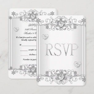 Convites RSVP Corações de Diamante Branco Prata 2