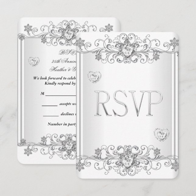 Convites RSVP Corações de Diamante Branco Prata 2 (Frente/Verso)