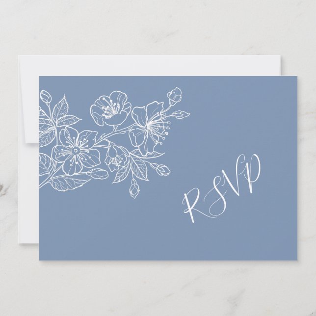 Convites RSVP de Arte da Linha Floral Branco Dusty Blue (Verso)