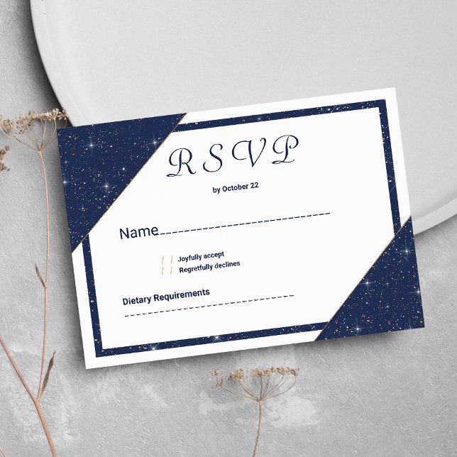 Convites RSVP de brilho branco azul-marinho geométrico (Geometric navy blue white gold glitter RSVP)