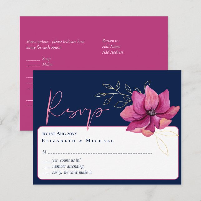 Convites RSVP de Casamento Azul do Marinho Rosa Fuchsia (Frente/Verso)