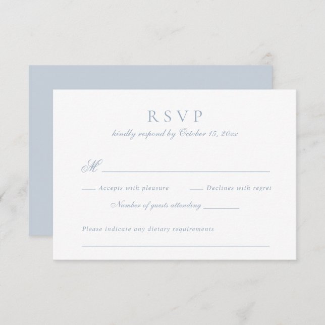 Convites RSVP de Casamento Azul Dusty do Script Elegante Mo (Frente/Verso)