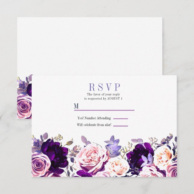 Convites RSVP de Casamento Branco Floral de Lilac e Rosa Ro (Frente/Verso)