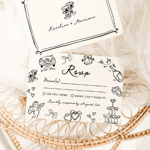 Convites RSVP de Casamento com Desenhos à Mão Caprichosos