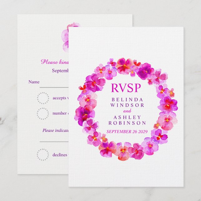 Convites RSVP de Casamento, coroa floral rosa pansy (Frente/Verso)