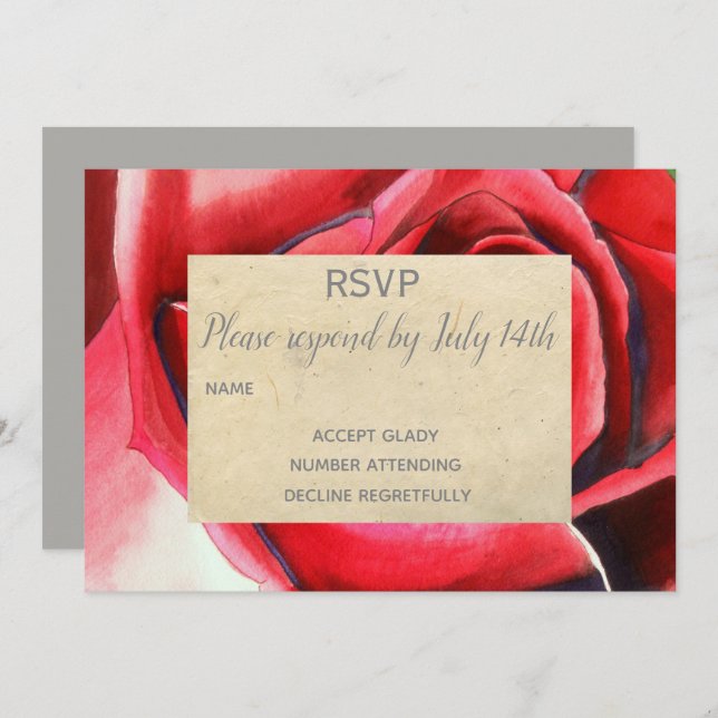 Convites RSVP de Casamento de Arte de Flor de Rosa vermelha (Frente/Verso)