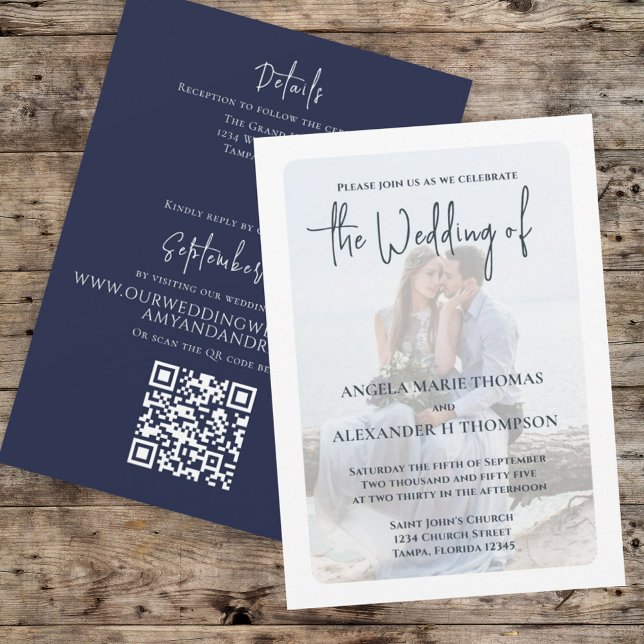 Convites RSVP de Casamento de Código QR de Foto Elegante Az (Elegant Wedding invitation with a Navy Blue and minimalist photo vellum photo overlay effect.)