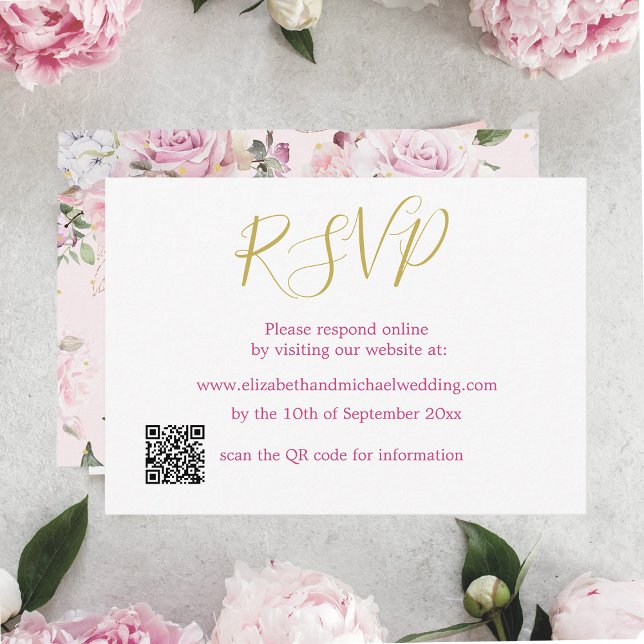 Convites RSVP de Casamento de Código QR Rosa de Rosa Floral (Criador carregado)