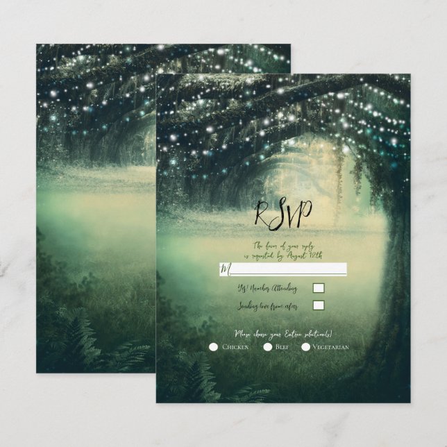 Convites RSVP de Casamento de Luzes Azuis Verdes da Florest (Frente/Verso)