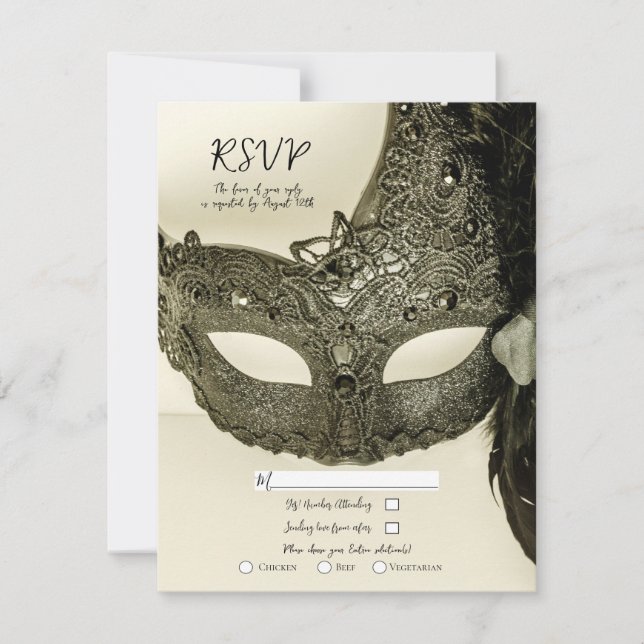Convites RSVP de Casamento de Máscara de Mascarada de Pena  (Frente)