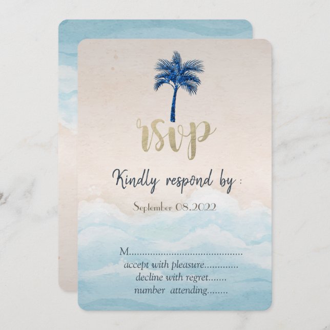 Convites RSVP de Casamento de Palm de Praia Tropical (Frente/Verso)