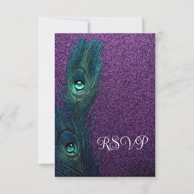 Convites RSVP de Casamento de Pavão Azul Roxo Elegante (Frente)