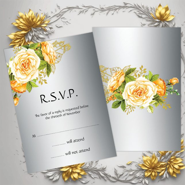 Convites RSVP de Casamento de Rosas Amarelas e Silver (Criador carregado)