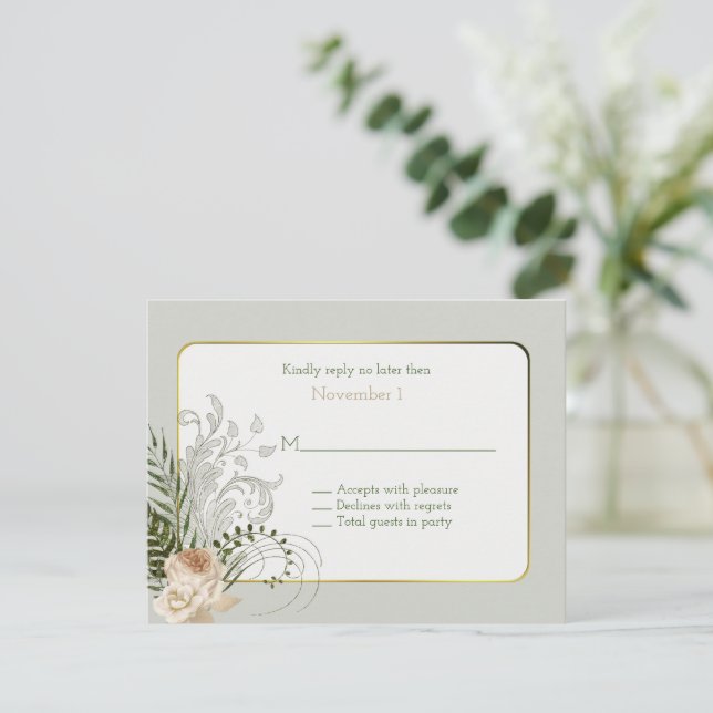 Convites RSVP de Casamento de Rosas de Marfim legante (Em pé/Frente)