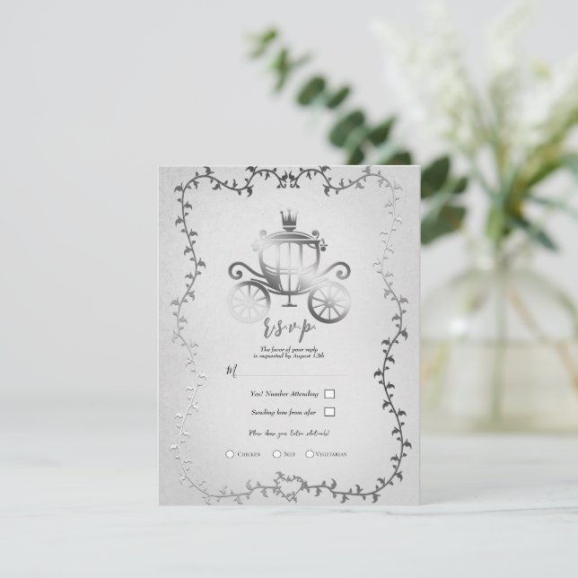 Convites RSVP de Casamento de Storybook da Carruagem Silver (Em pé/Frente)