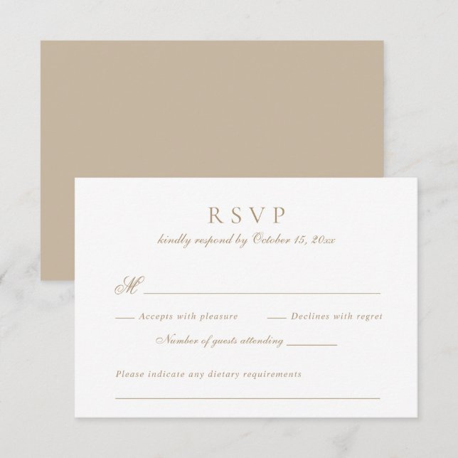 Convites RSVP de Casamento Dourado Anterior de Script Elega (Frente/Verso)