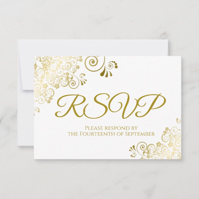 Convites RSVP de Casamento Dourado e Branco Elegante para d (Frente)