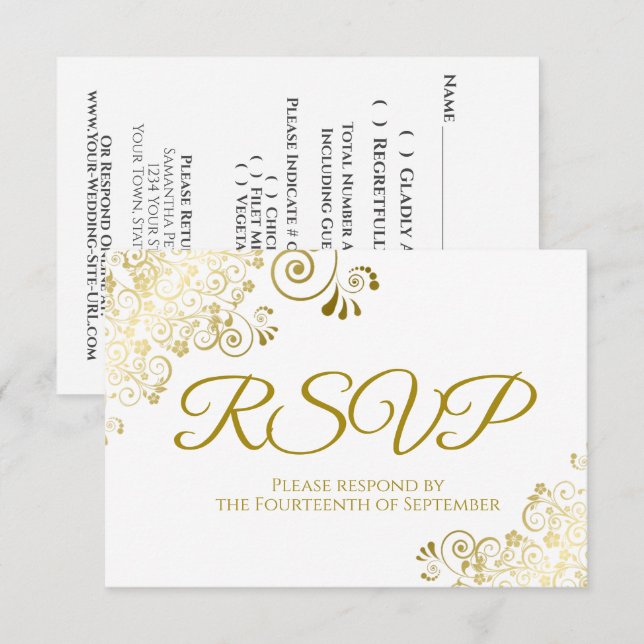Convites RSVP de Casamento Dourado e Branco Elegante para d (Frente/Verso)