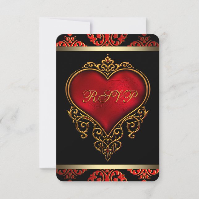 Convites RSVP de Casamento Dourado e Preto Vermelho (Frente)