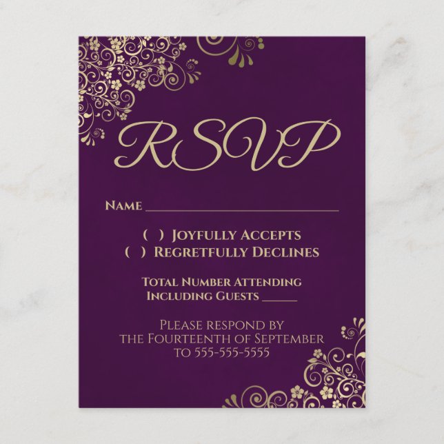 Convites RSVP de Casamento Dourado e Roxo de ameixa Elegant (Frente)