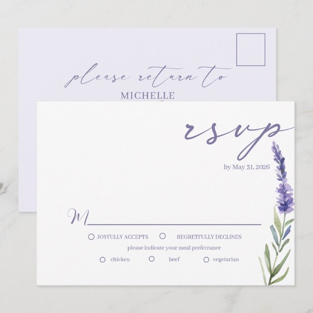 Convites RSVP de Casamento Elegante de Aquarela da lavanda  (Frente/Verso)