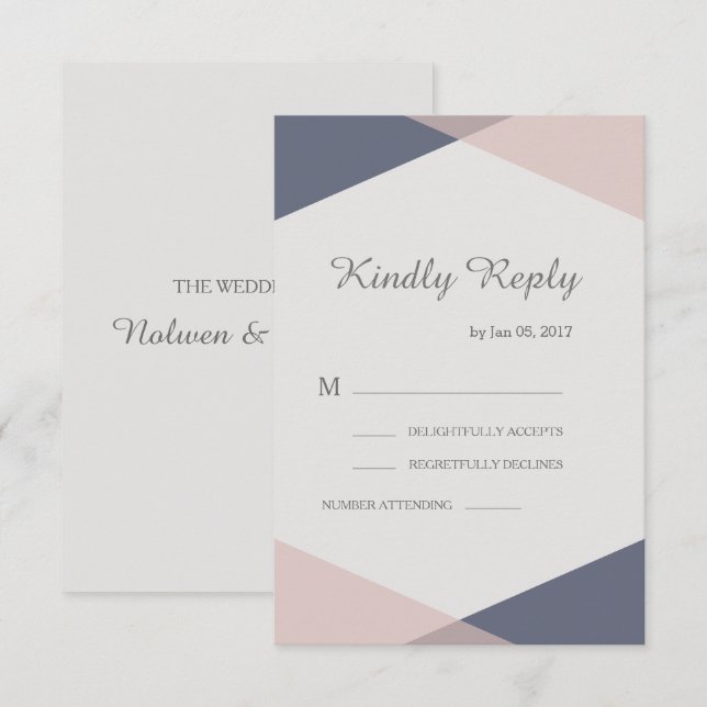 Convites Rsvp de casamento elegante geométrico rosa e azul (Frente/Verso)
