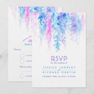 Convites RSVP de casamento em azul roxo em aquarela